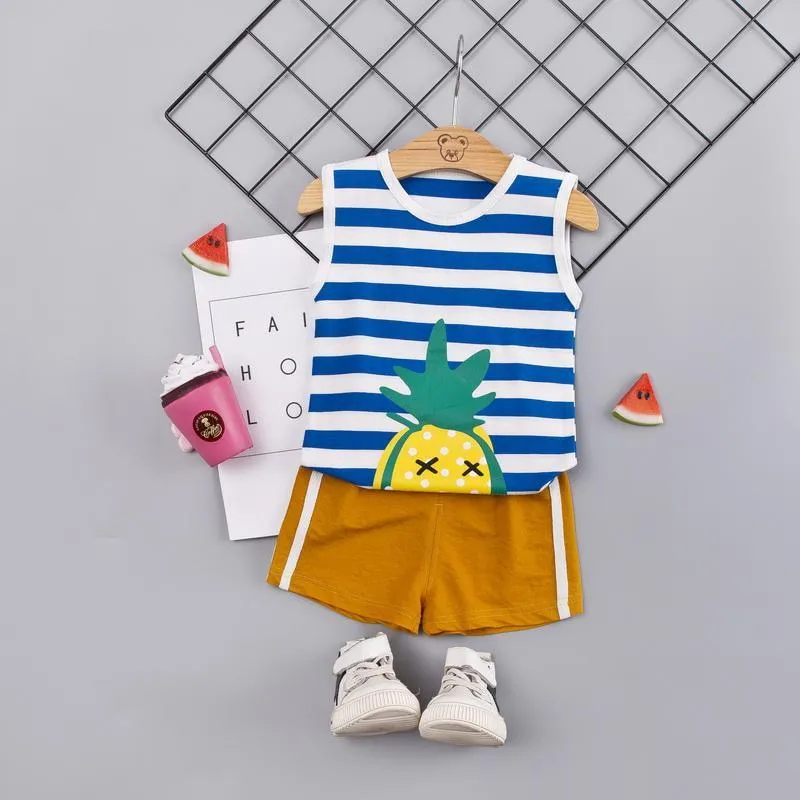 2-piece Cartoon Design Striped Vest & Shorts for Children Boy