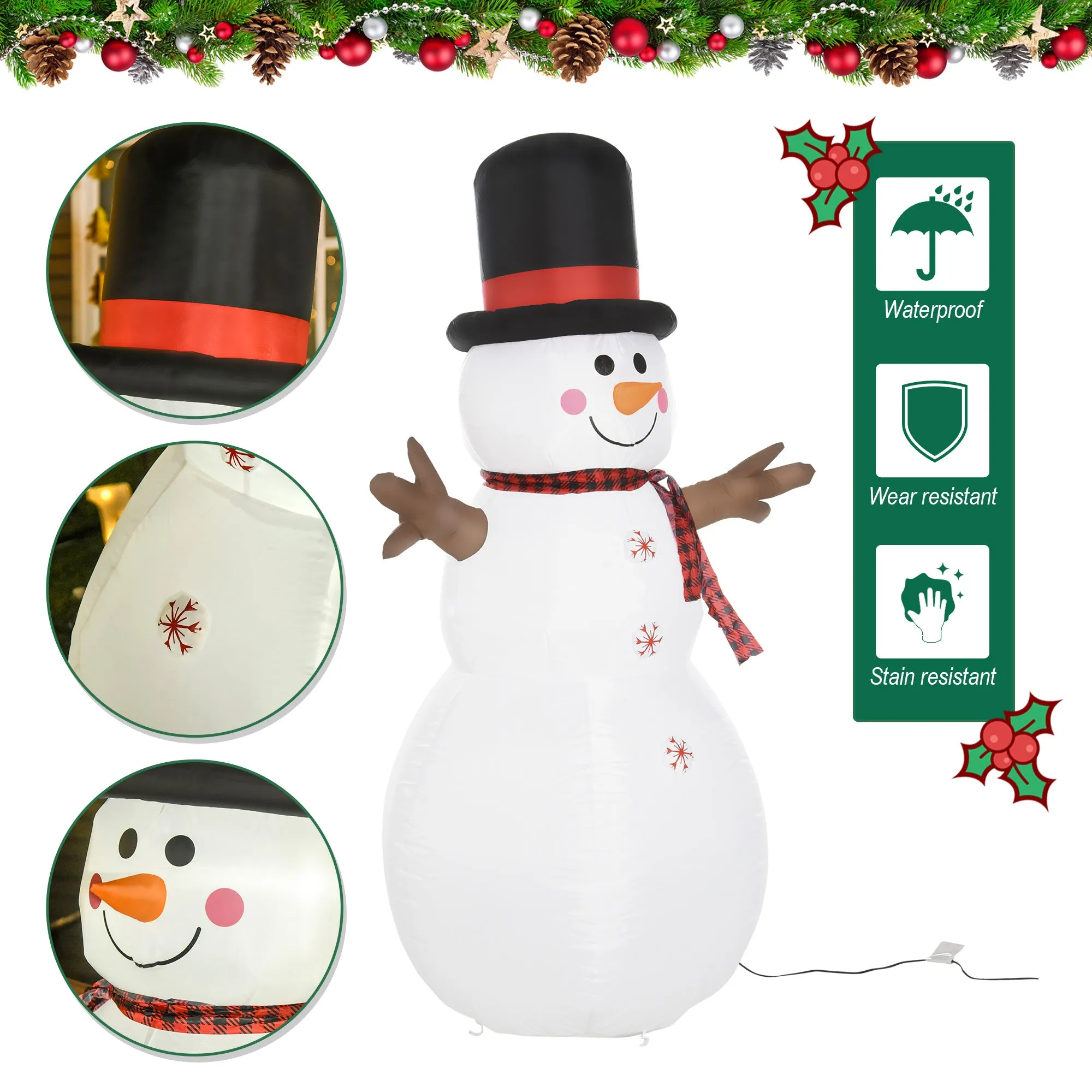 6ft/1.82m Tall Giant Outdoor Indoor Inflatable Snowman Christmas Decoration for Lawn with Hat Scarf LED Lights