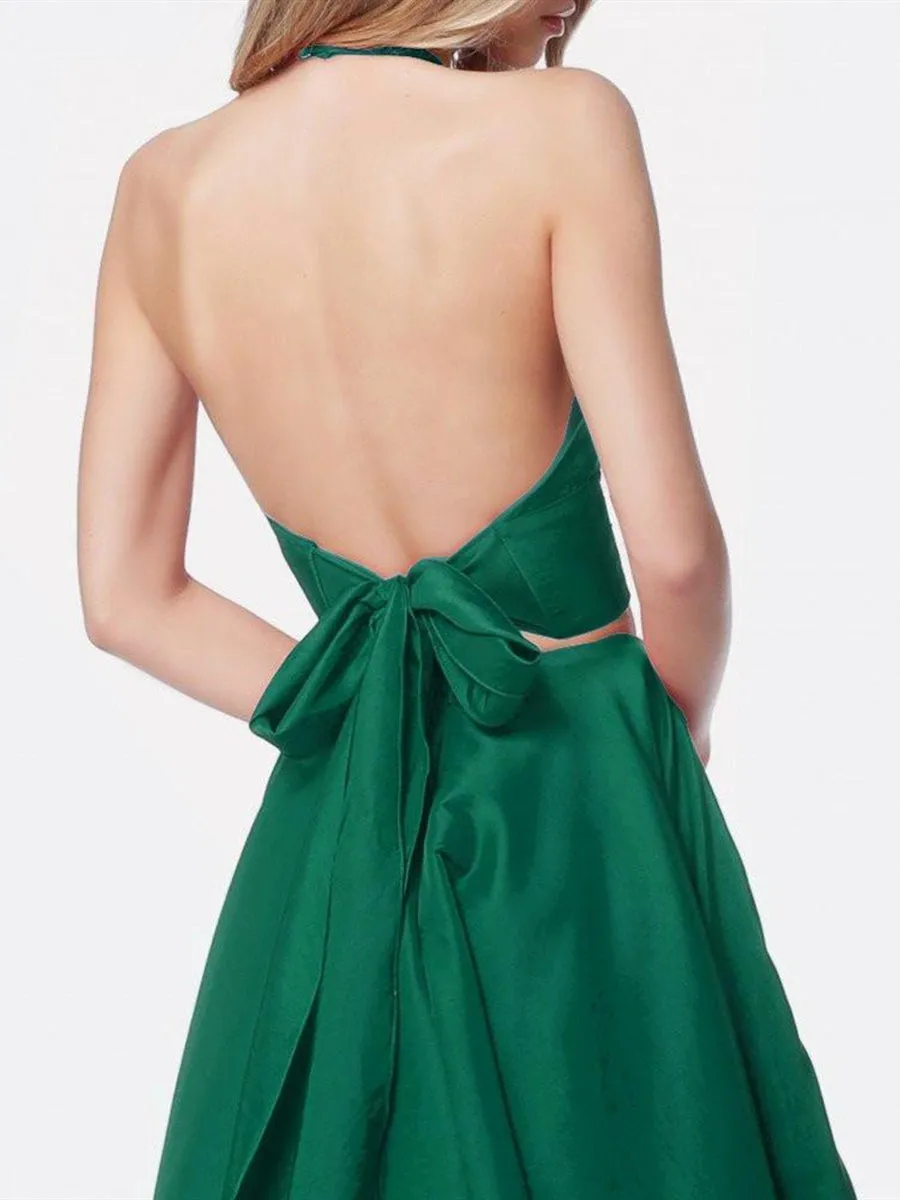 A Line Halter V Neck Two Pieces Backless Green Prom with Pocket, Two Pieces Green Formal, Evening