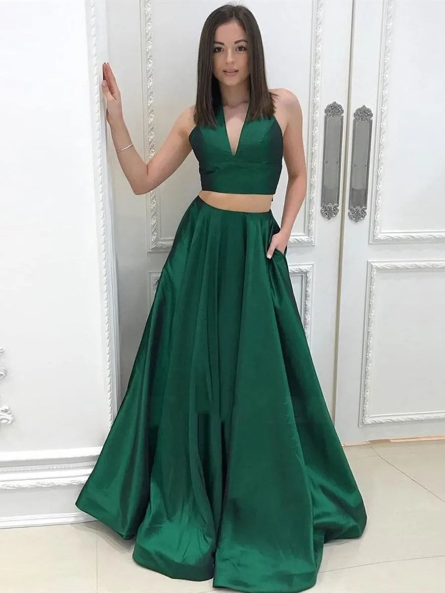 A Line Halter V Neck Two Pieces Backless Green Prom with Pocket, Two Pieces Green Formal, Evening