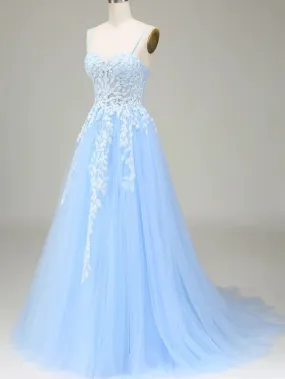 A Line Sweetheart Neck Light Blue Lace Long Prom Dresses, Light Blue Tulle Formal Dresses, Lace Evening Dresses SP2949