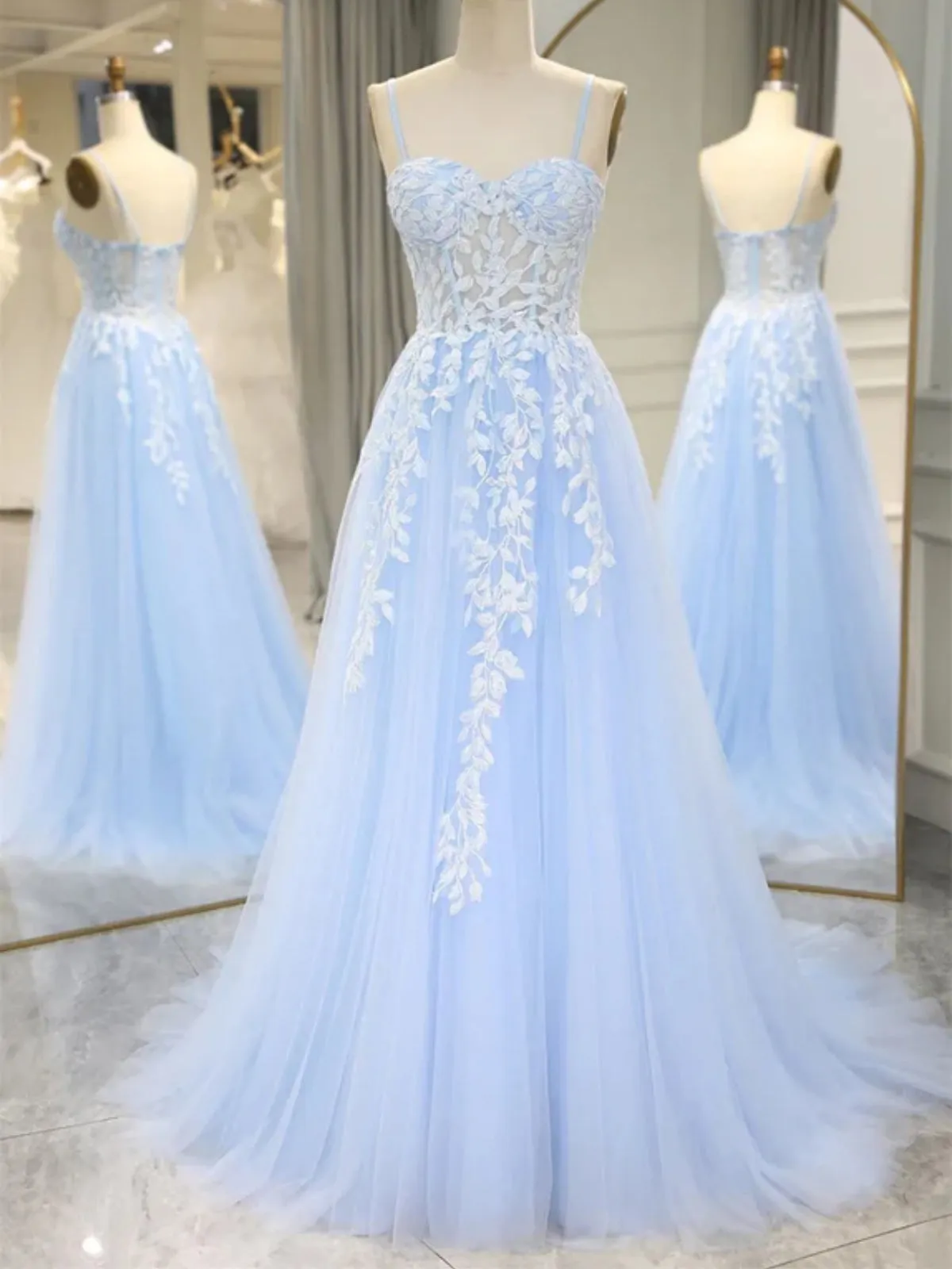 A Line Sweetheart Neck Light Blue Lace Long Prom Dresses, Light Blue Tulle Formal Dresses, Lace Evening Dresses SP2949