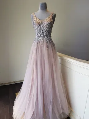 A Line V Neck Appliques Long Pink Lace Prom, Pink Lace Formal Graduation Evening