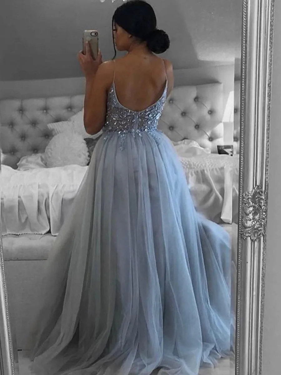 A Line V Neck Open Back Beaded Gray Long Prom, Backless Gray Formal, Gray Evening