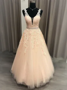 A Line V Neck Pink Lace Long Prom 2020 with Belt, Pink Lace Formal Graduation Evening