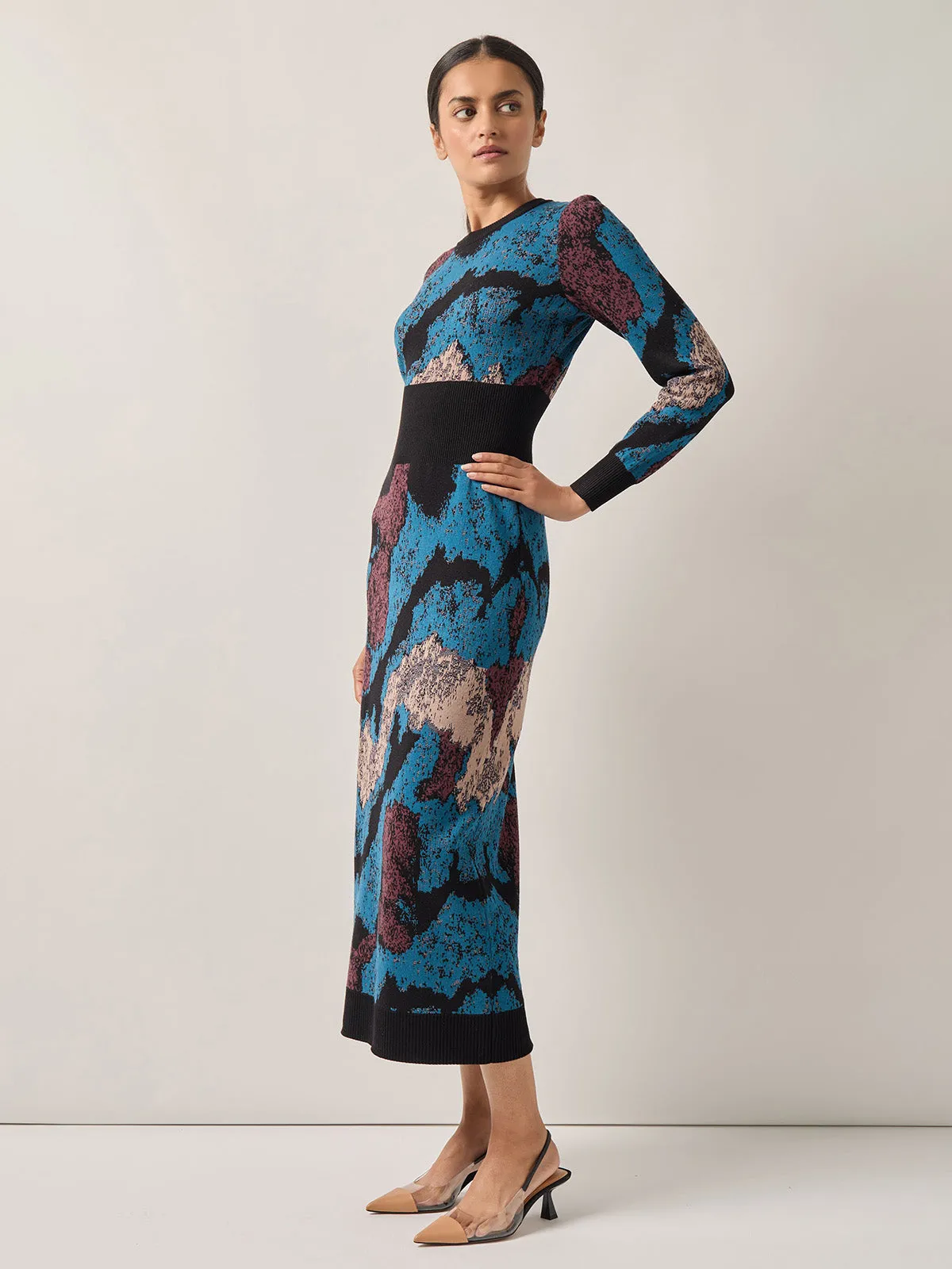 Abstract Sheath Jacquard Knit Maxi Dress