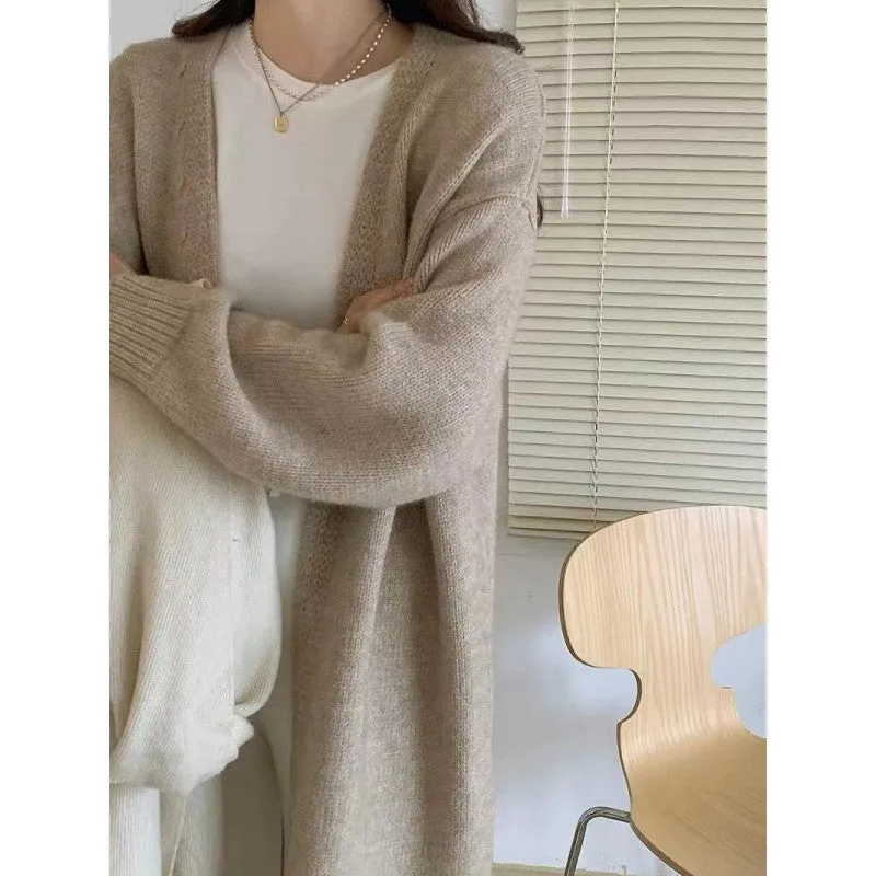 Aiertu black sweater dress outfit Knitted Cardigan Women's Spring and Autumn Simple Lazy Style Loose Mid-Length over-the-Knee Sweater Coat Top