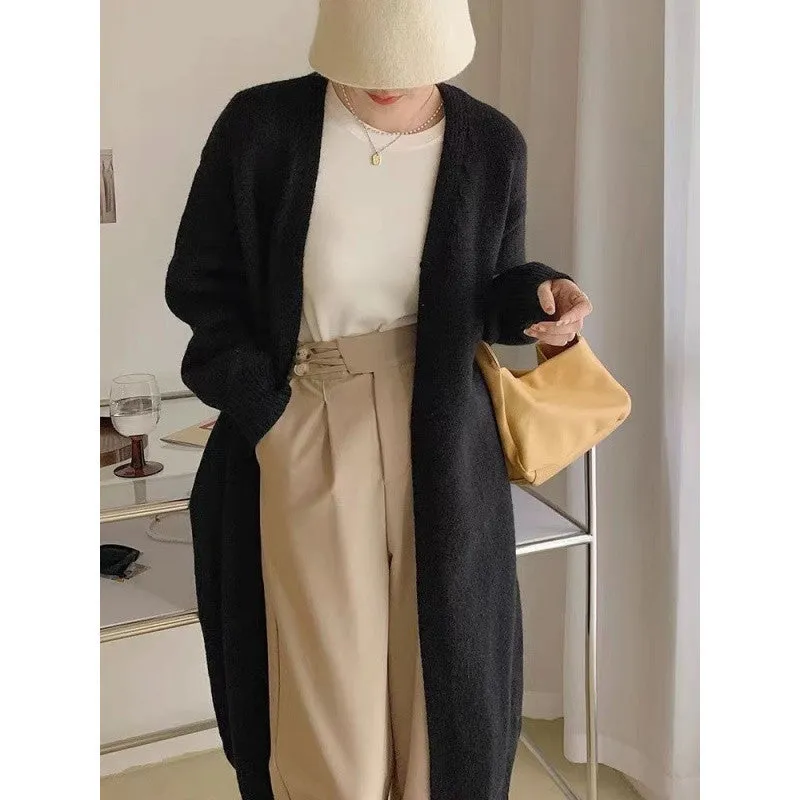 Aiertu black sweater dress outfit Knitted Cardigan Women's Spring and Autumn Simple Lazy Style Loose Mid-Length over-the-Knee Sweater Coat Top