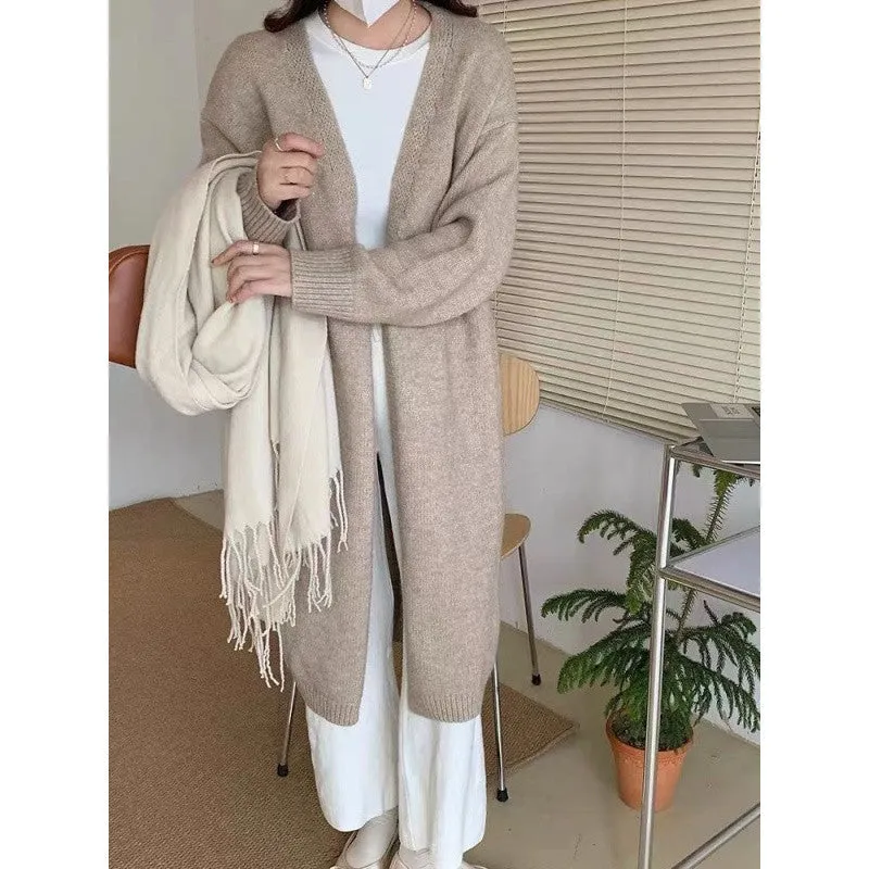 Aiertu black sweater dress outfit Knitted Cardigan Women's Spring and Autumn Simple Lazy Style Loose Mid-Length over-the-Knee Sweater Coat Top