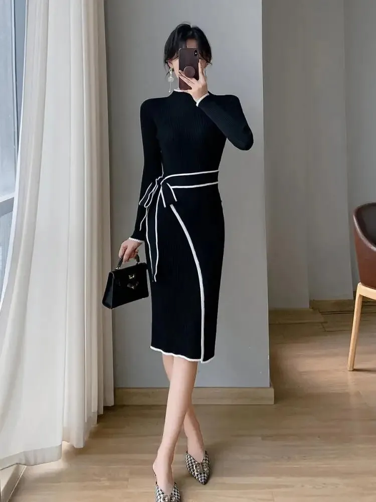 Aiertu Korean Fashion Slim Half High Neck Black White Patchwork Sweater Dress Women Elegant Slim Long Sleeve Bandage Knitted Midi Dress