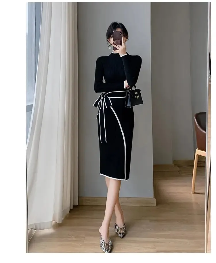 Aiertu Korean Fashion Slim Half High Neck Black White Patchwork Sweater Dress Women Elegant Slim Long Sleeve Bandage Knitted Midi Dress