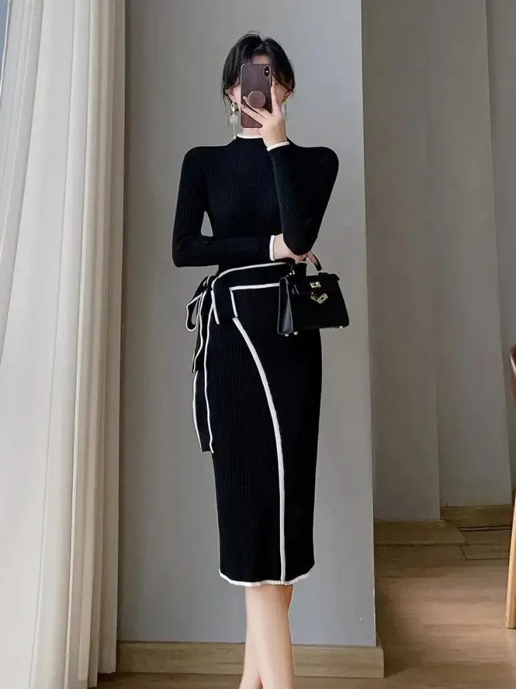 Aiertu Korean Fashion Slim Half High Neck Black White Patchwork Sweater Dress Women Elegant Slim Long Sleeve Bandage Knitted Midi Dress