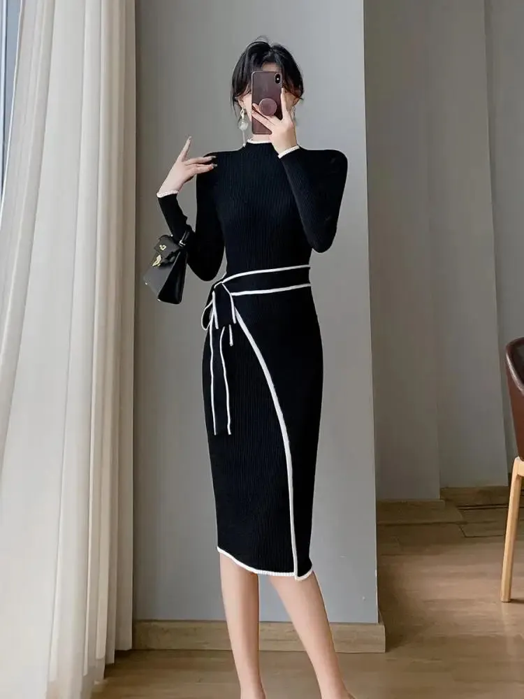 Aiertu Korean Fashion Slim Half High Neck Black White Patchwork Sweater Dress Women Elegant Slim Long Sleeve Bandage Knitted Midi Dress