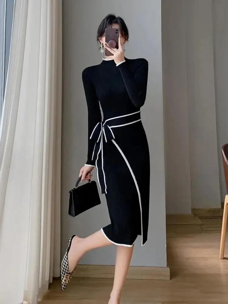 Aiertu Korean Fashion Slim Half High Neck Black White Patchwork Sweater Dress Women Elegant Slim Long Sleeve Bandage Knitted Midi Dress