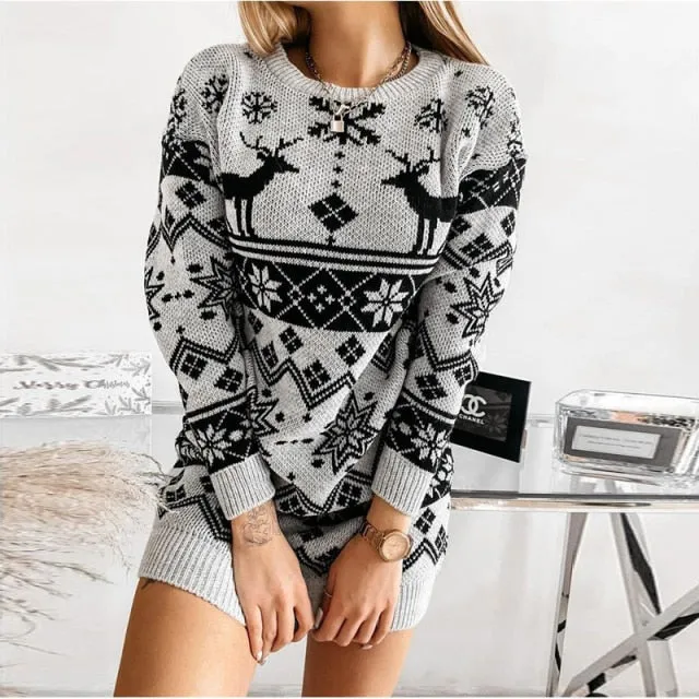 Amy Fashion - Casual O-Neck Long Sleeve Christmas Sweater Dress