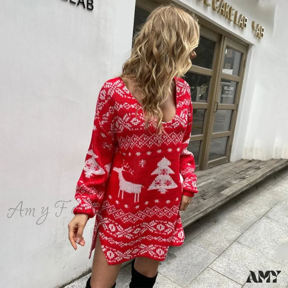 Amy Fashion - Casual O-Neck Long Sleeve Christmas Sweater Dress