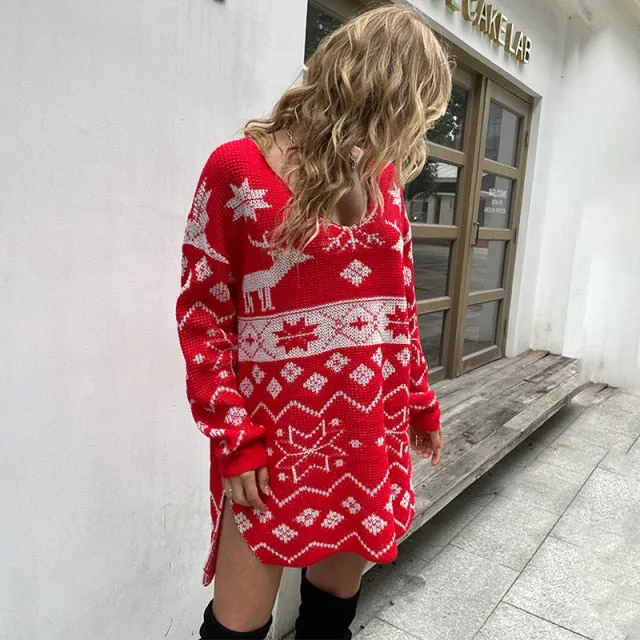 Amy Fashion - Casual O-Neck Long Sleeve Christmas Sweater Dress