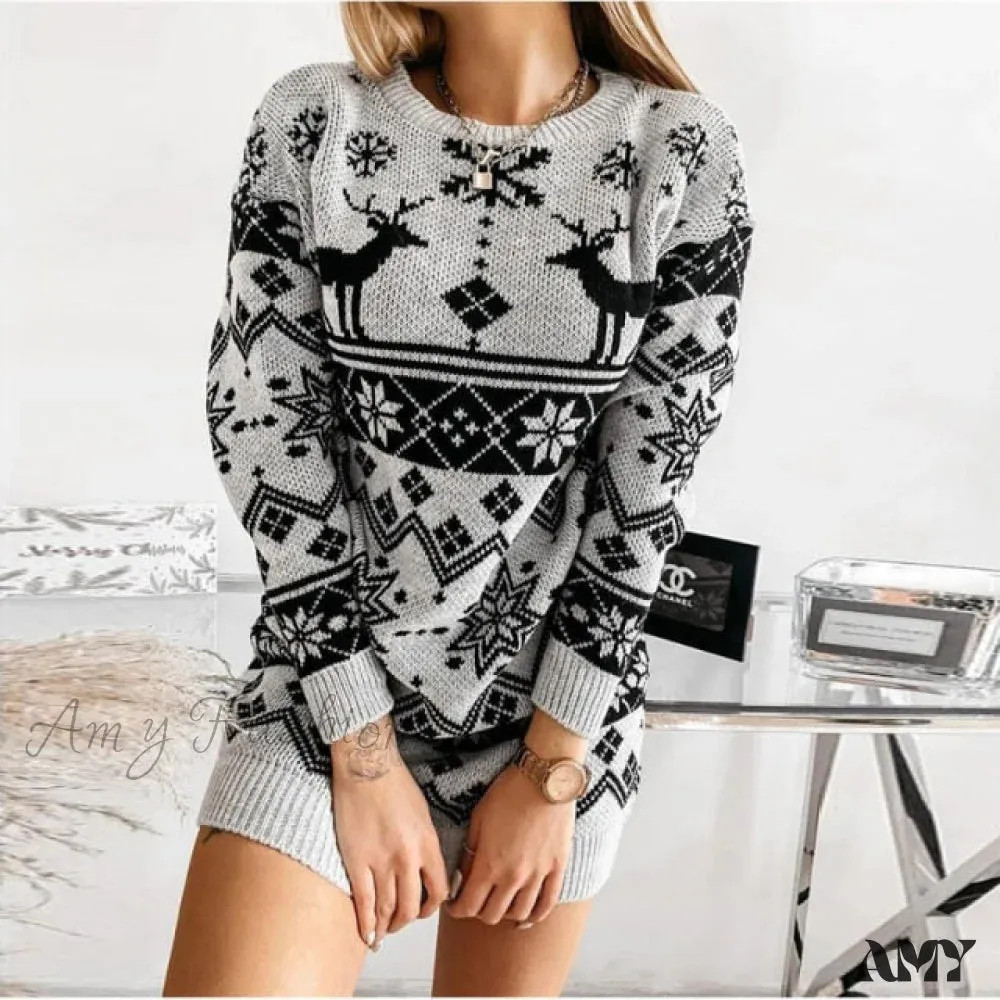 Amy Fashion - Casual O-Neck Long Sleeve Christmas Sweater Dress