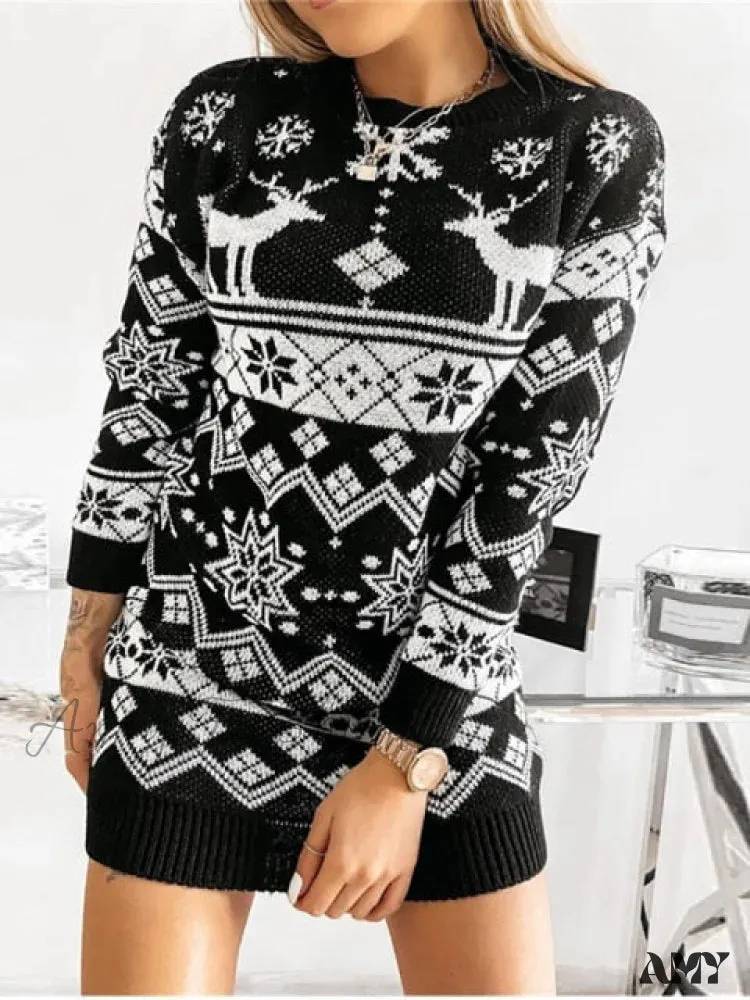 Amy Fashion - Casual O-Neck Long Sleeve Christmas Sweater Dress