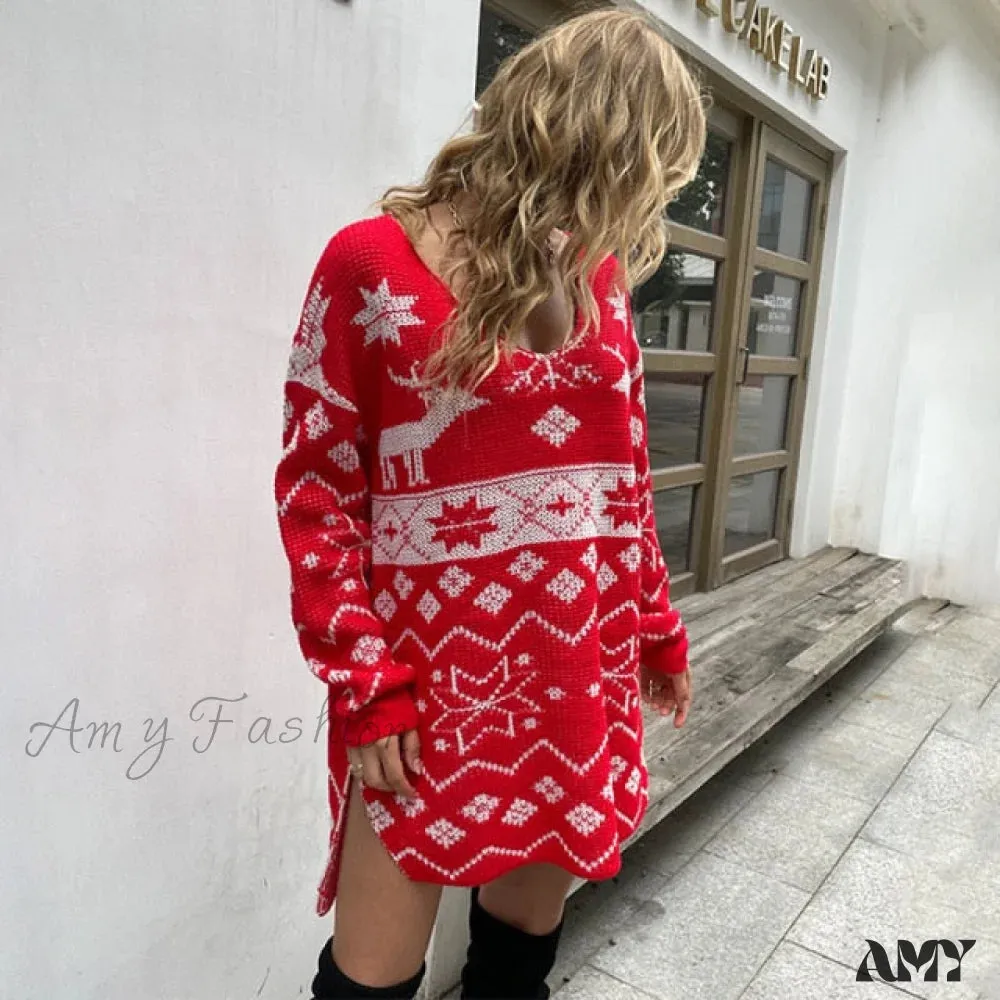 Amy Fashion - Casual O-Neck Long Sleeve Christmas Sweater Dress