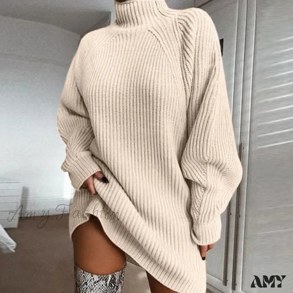 Amy Fashion - Oversized Solid Long Sleeve Elegant Mini Sweater Dress