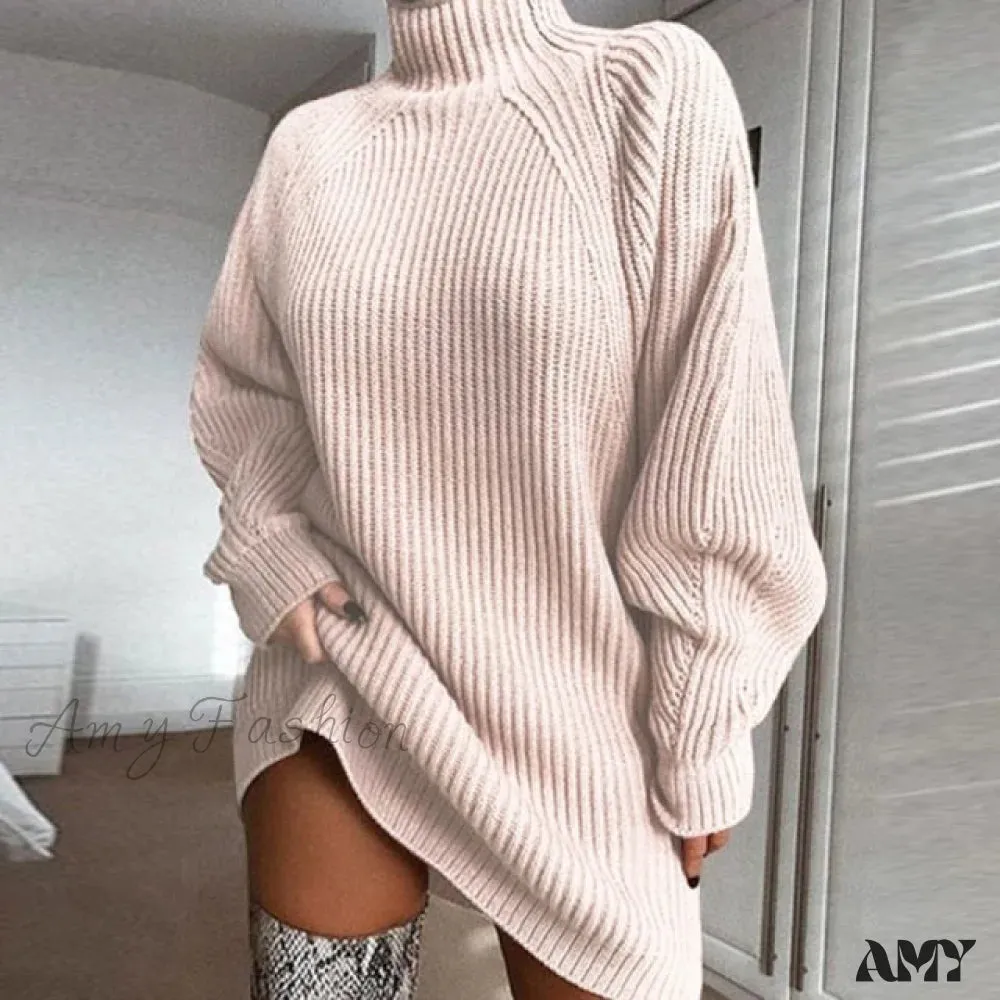 Amy Fashion - Oversized Solid Long Sleeve Elegant Mini Sweater Dress