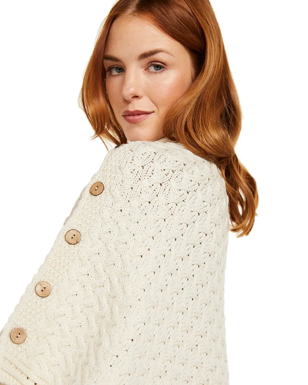 Aran Merino Wool Knit Button Poncho