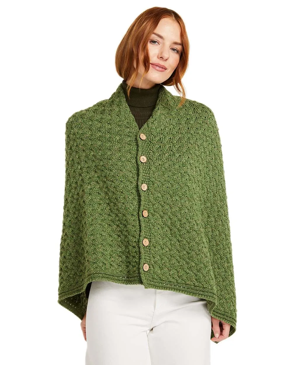 Aran Merino Wool Knit Button Poncho