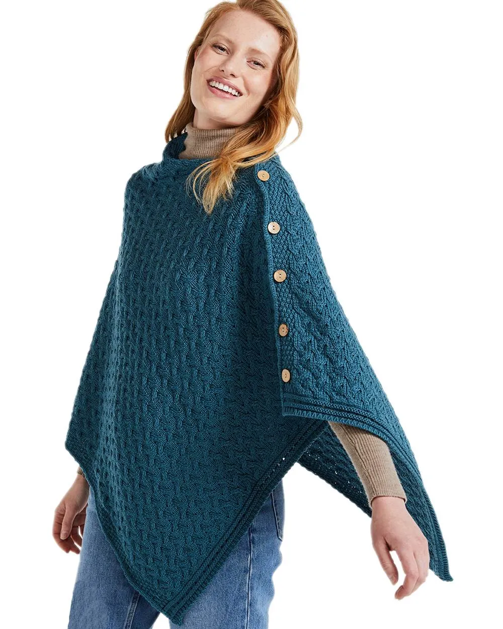 Aran Merino Wool Knit Button Poncho