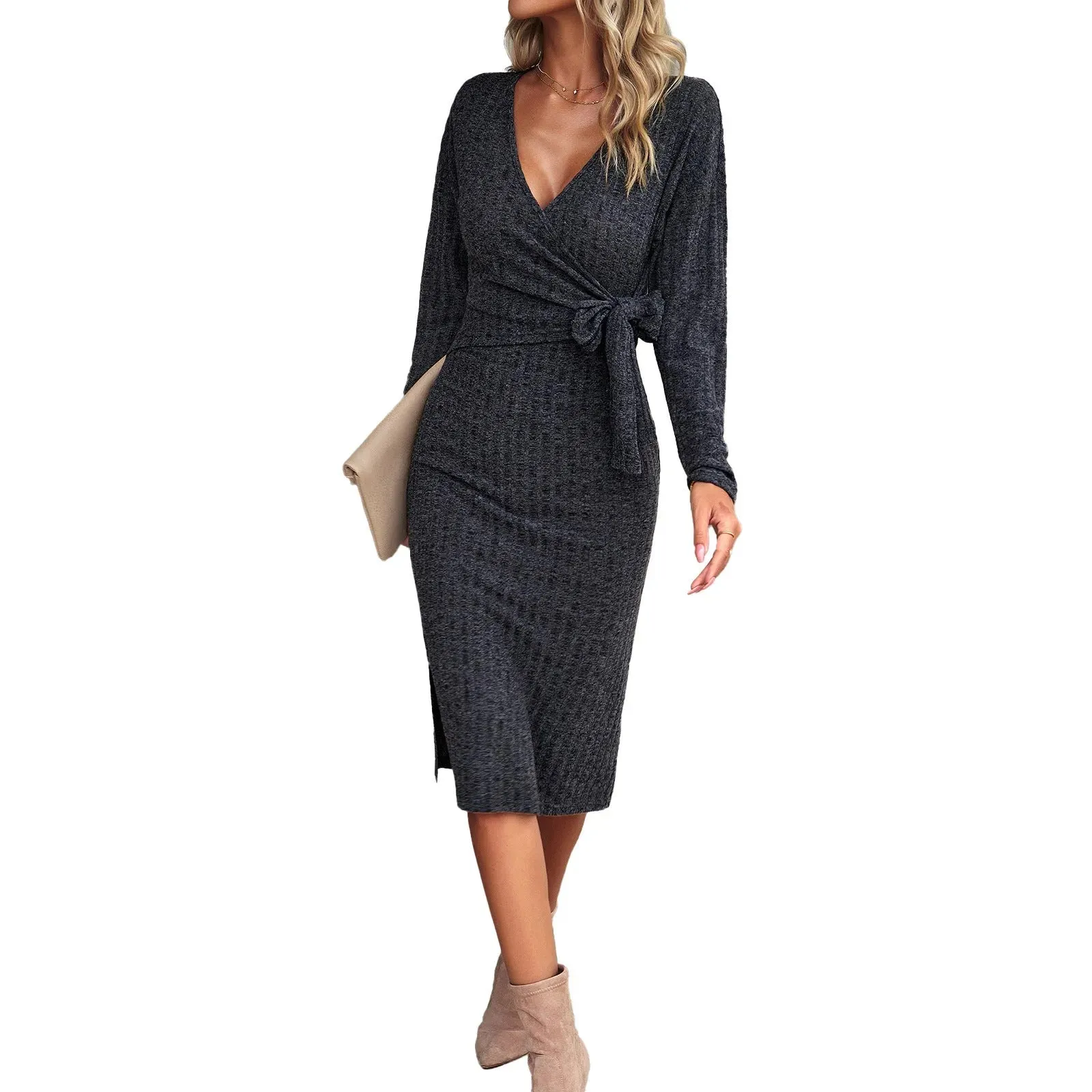 Autumn And Winter V-neck Long Sleeve Knitted sweater Wrap Dress