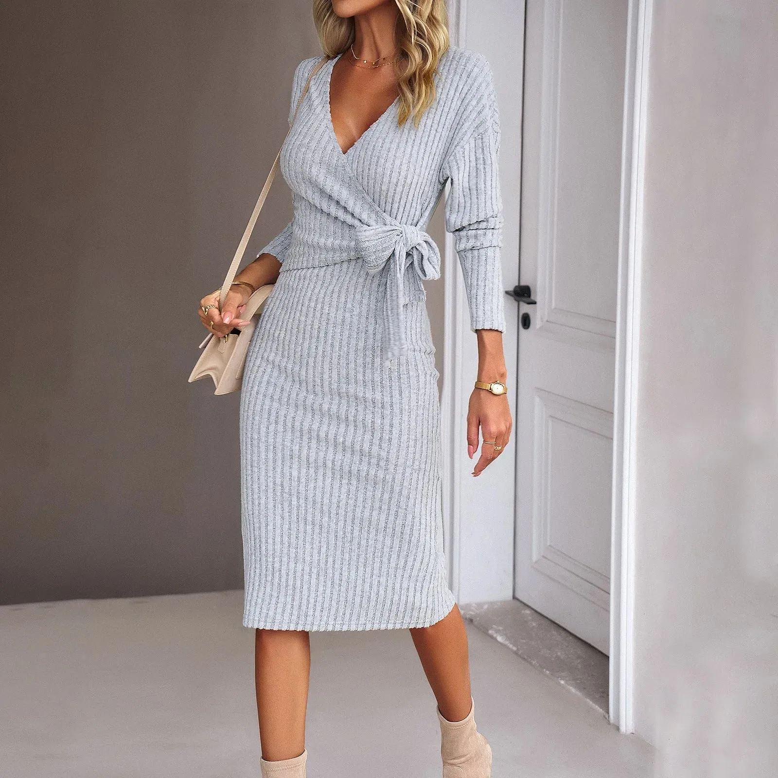 Autumn And Winter V-neck Long Sleeve Knitted sweater Wrap Dress