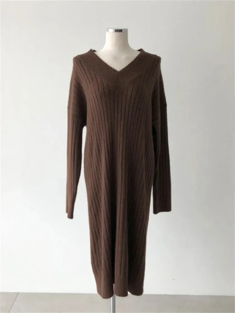 Autumn Sweater Women Dress Winter Wool Long Sleeve Sweaters Knitted Dresses Womens Loose Maxi Oversize Knitting Vestido Vintage