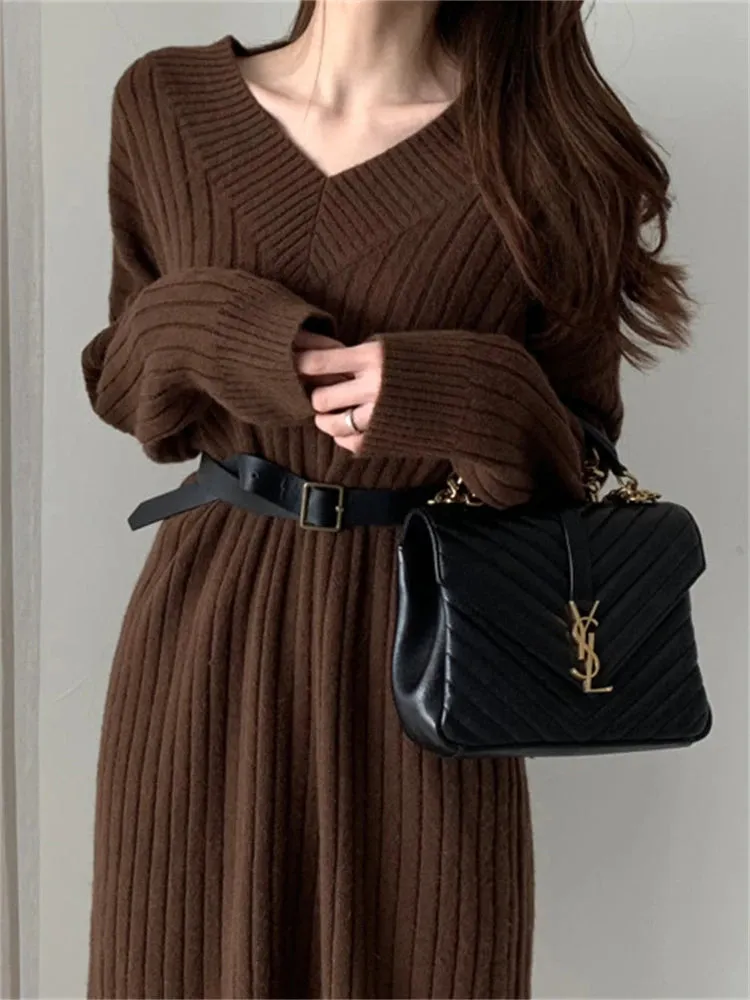 Autumn Sweater Women Dress Winter Wool Long Sleeve Sweaters Knitted Dresses Womens Loose Maxi Oversize Knitting Vestido Vintage