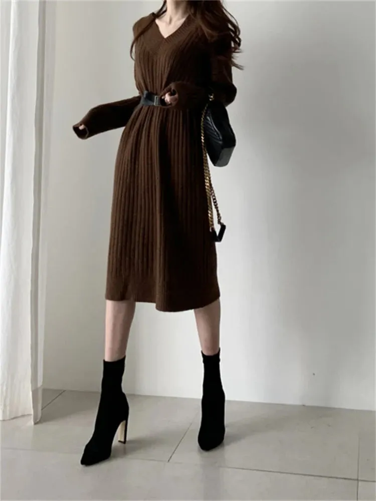 Autumn Sweater Women Dress Winter Wool Long Sleeve Sweaters Knitted Dresses Womens Loose Maxi Oversize Knitting Vestido Vintage