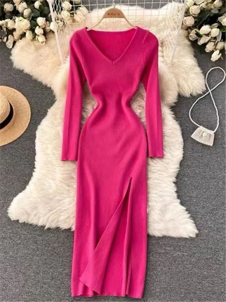 Autumn Winter French Sexy Slit Women's Sweater Dress Female V-Neck Slim Tight-fitting Wrap Dresses New