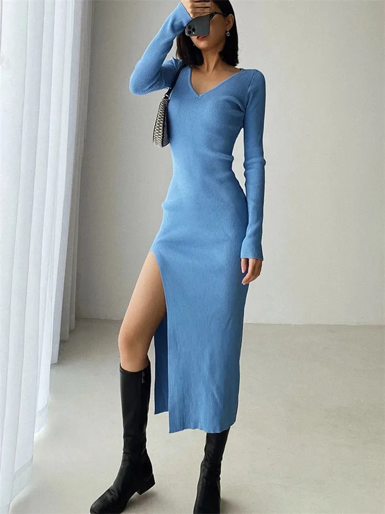 Autumn Winter French Sexy Slit Women's Sweater Dress Female V-Neck Slim Tight-fitting Wrap Dresses New