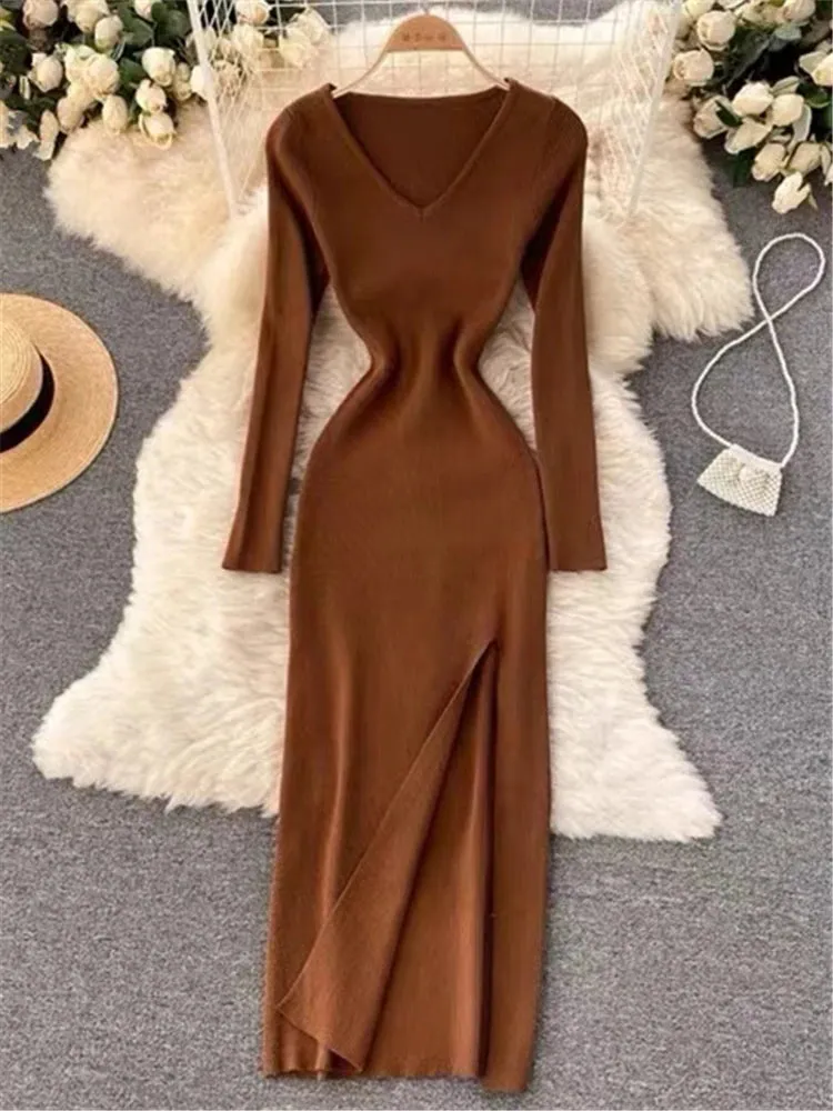 Autumn Winter French Sexy Slit Women's Sweater Dress Female V-Neck Slim Tight-fitting Wrap Dresses New