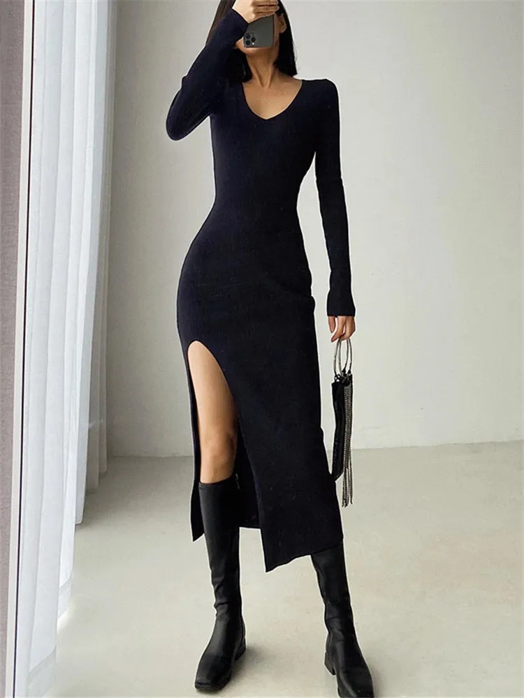 Autumn Winter French Sexy Slit Women's Sweater Dress Female V-Neck Slim Tight-fitting Wrap Dresses New