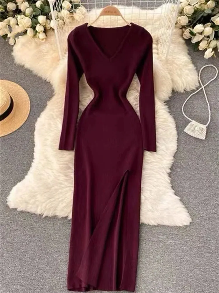 Autumn Winter French Sexy Slit Women's Sweater Dress Female V-Neck Slim Tight-fitting Wrap Dresses New