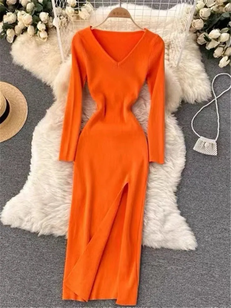 Autumn Winter French Sexy Slit Women's Sweater Dress Female V-Neck Slim Tight-fitting Wrap Dresses New