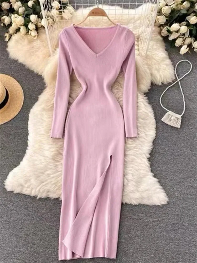 Autumn Winter French Sexy Slit Women's Sweater Dress Female V-Neck Slim Tight-fitting Wrap Dresses New