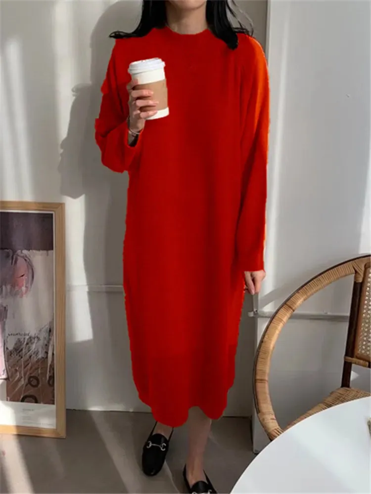 Autumn Winter New O-Neck Casual Loose Knitted Dress Female Straight Long Sleeve Oversize Sweater Womens Long Dress