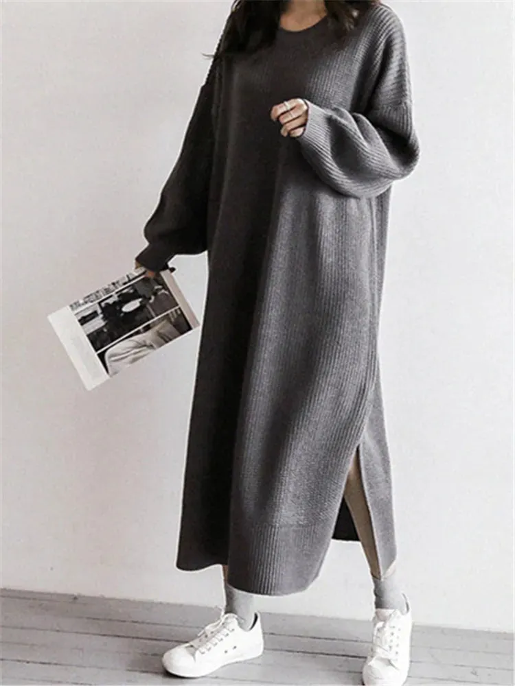 Autumn Winter Oversize Women's Knitted Dresses New O-Neck Side Split Loose Long Sleeve Sweater Dress Female