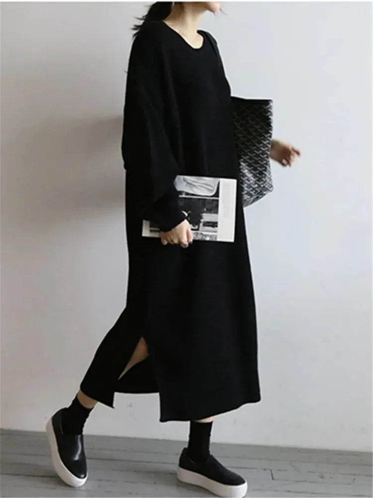 Autumn Winter Oversize Women's Knitted Dresses New O-Neck Side Split Loose Long Sleeve Sweater Dress Female