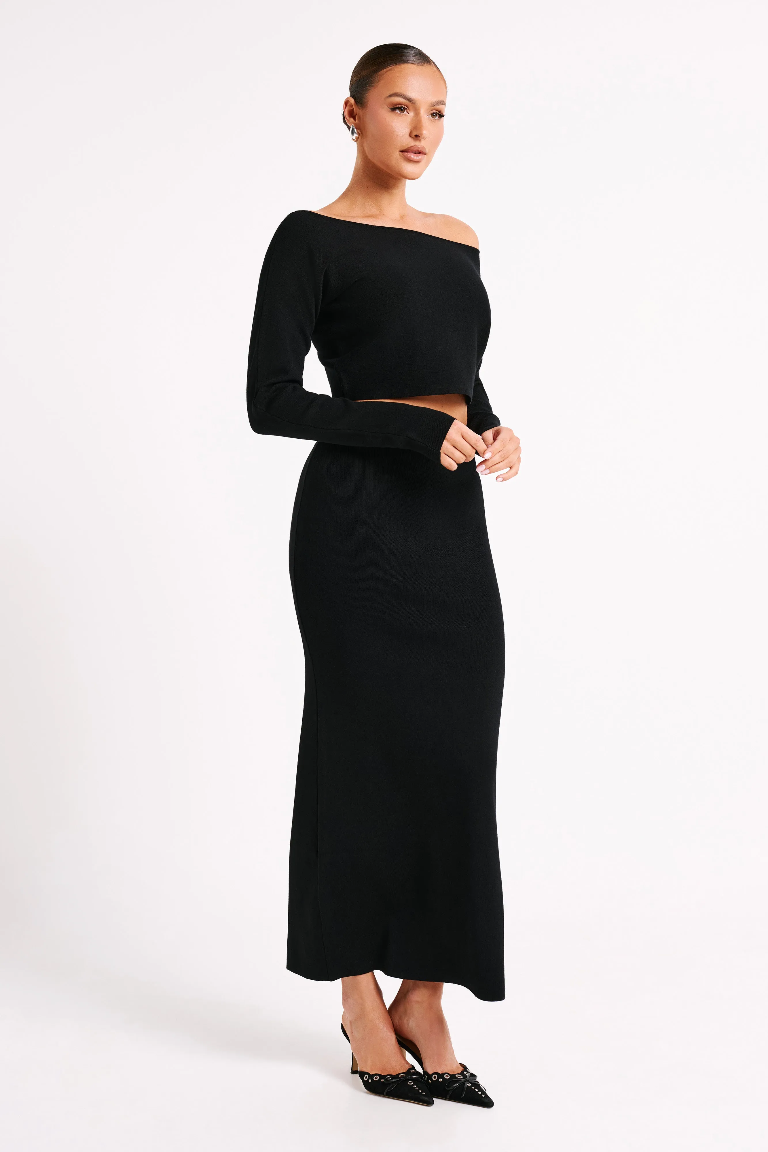 Avani Mid Rise Knit Maxi Skirt - Black