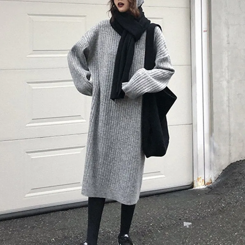 Back to College Joskaa Knitting Dresses for Women Fall Winter 2024 New Elegant Loose Long Sleeve A Line Hooded Sweater Midi Dress Black Gray