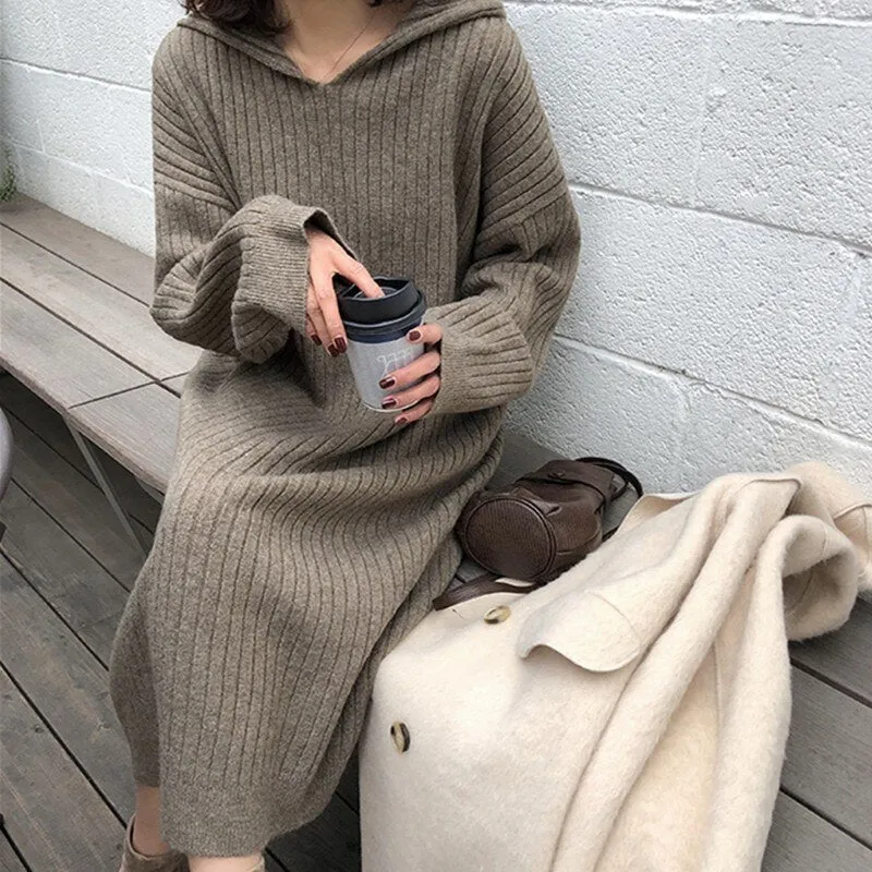 Back to College Joskaa Knitting Dresses for Women Fall Winter 2024 New Elegant Loose Long Sleeve A Line Hooded Sweater Midi Dress Black Gray