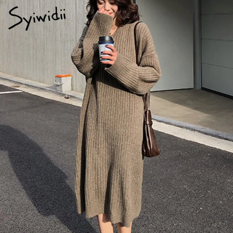 Back to College Joskaa Knitting Dresses for Women Fall Winter 2024 New Elegant Loose Long Sleeve A Line Hooded Sweater Midi Dress Black Gray