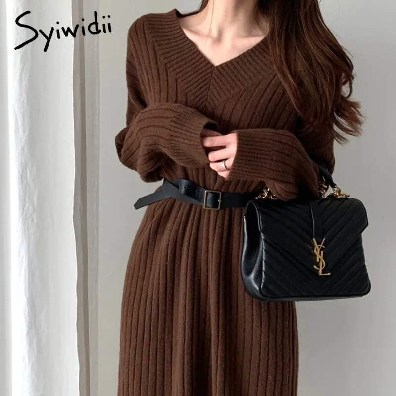 Back to College Joskaa Midi Sweater Dresses Women Autumn Winter 2024 V Neck Long Sleeve Warm Elegant Long Casual Loose Ladies Harajuku Dress