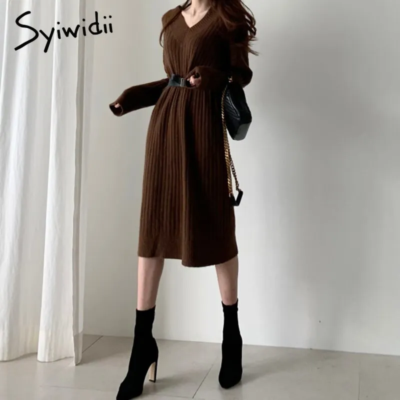 Back to College Joskaa Midi Sweater Dresses Women Autumn Winter 2024 V Neck Long Sleeve Warm Elegant Long Casual Loose Ladies Harajuku Dress